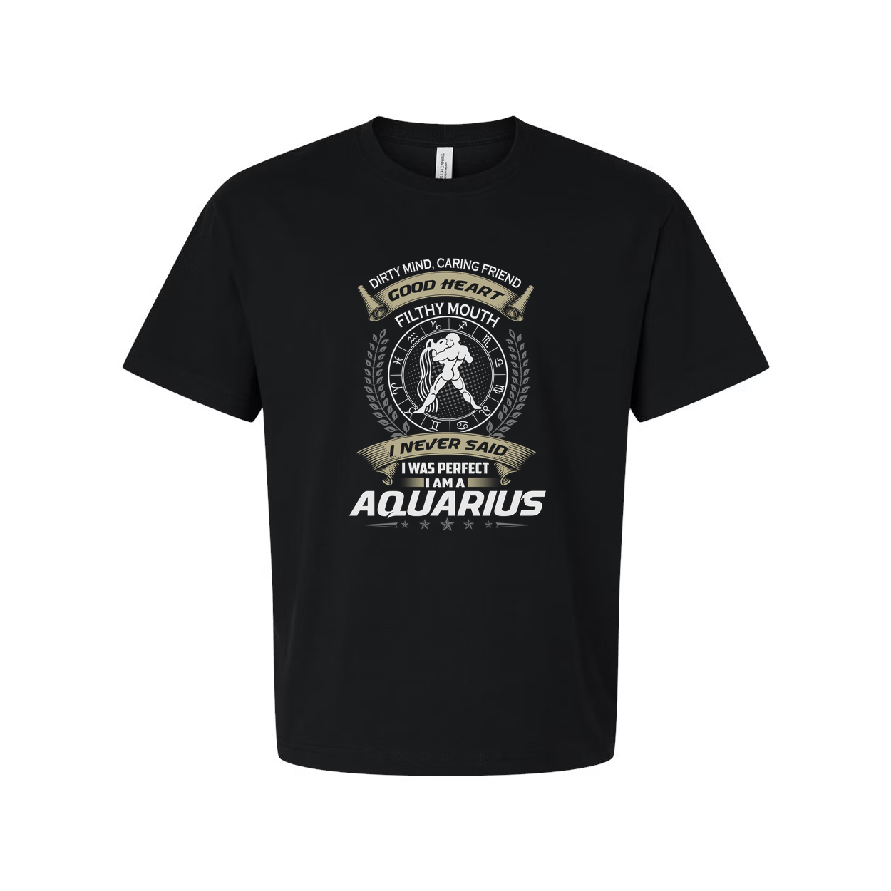 Aquarius Zodiac Unisex Graphic Tee With Crest Emblem And Laurel Wreath Design For Fans