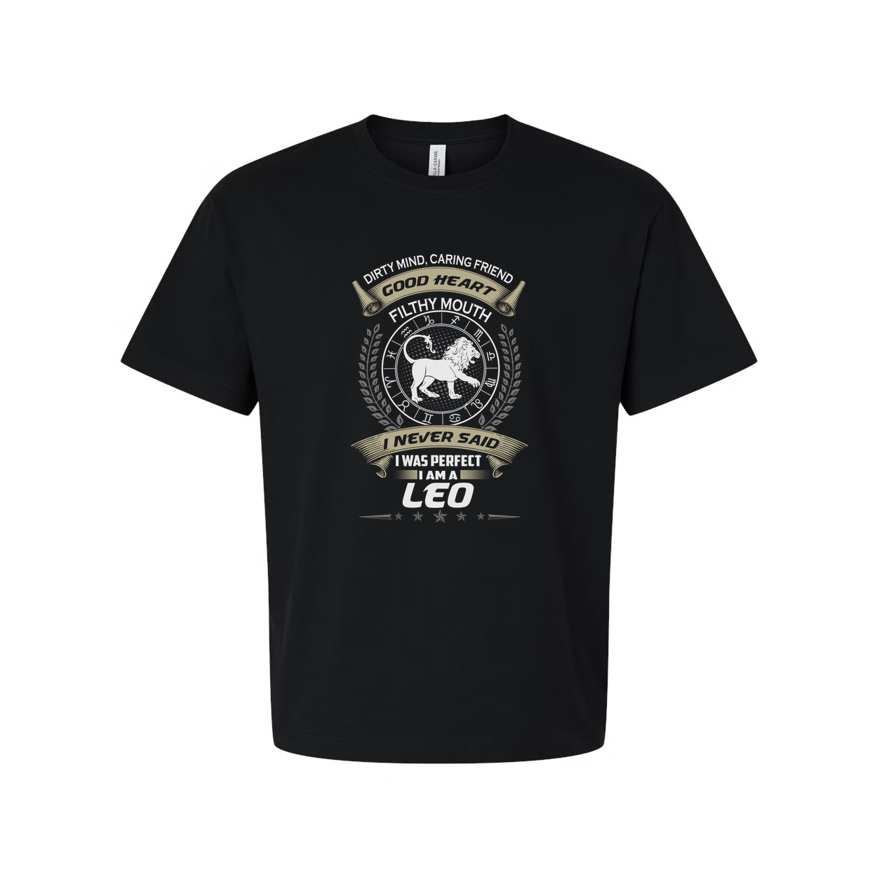 Leo Zodiac Sign Graphic Unisex T Shirt With Emblem Laurel Wreath And Star Accents