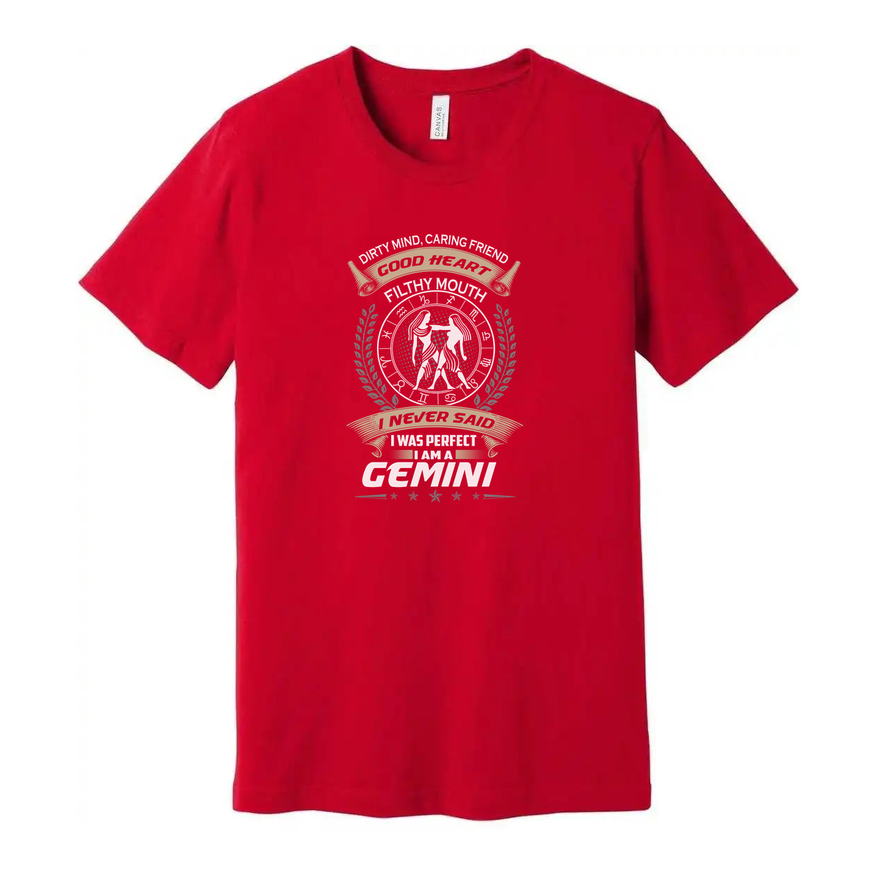 Gemini Zodiac Graphic Unisex T Shirt With Emblem Laurel Wreath And The Motto I Never Said I Was Perfect