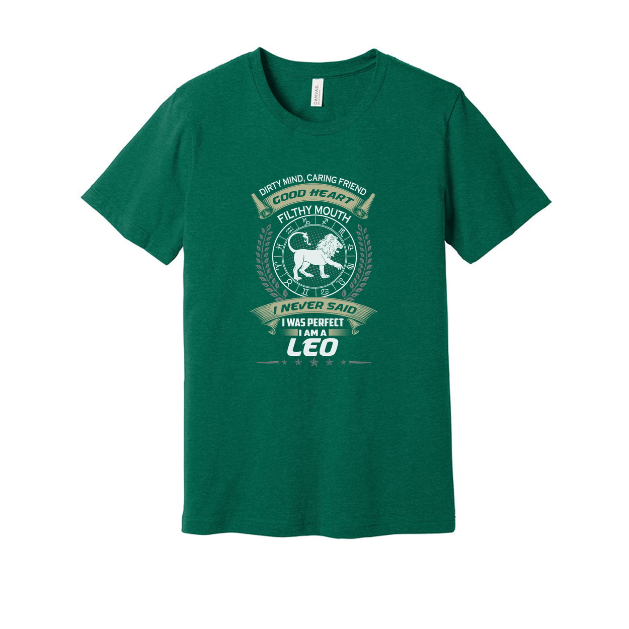Leo Zodiac Sign Graphic Unisex T Shirt With Emblem Laurel Wreath And Star Accents