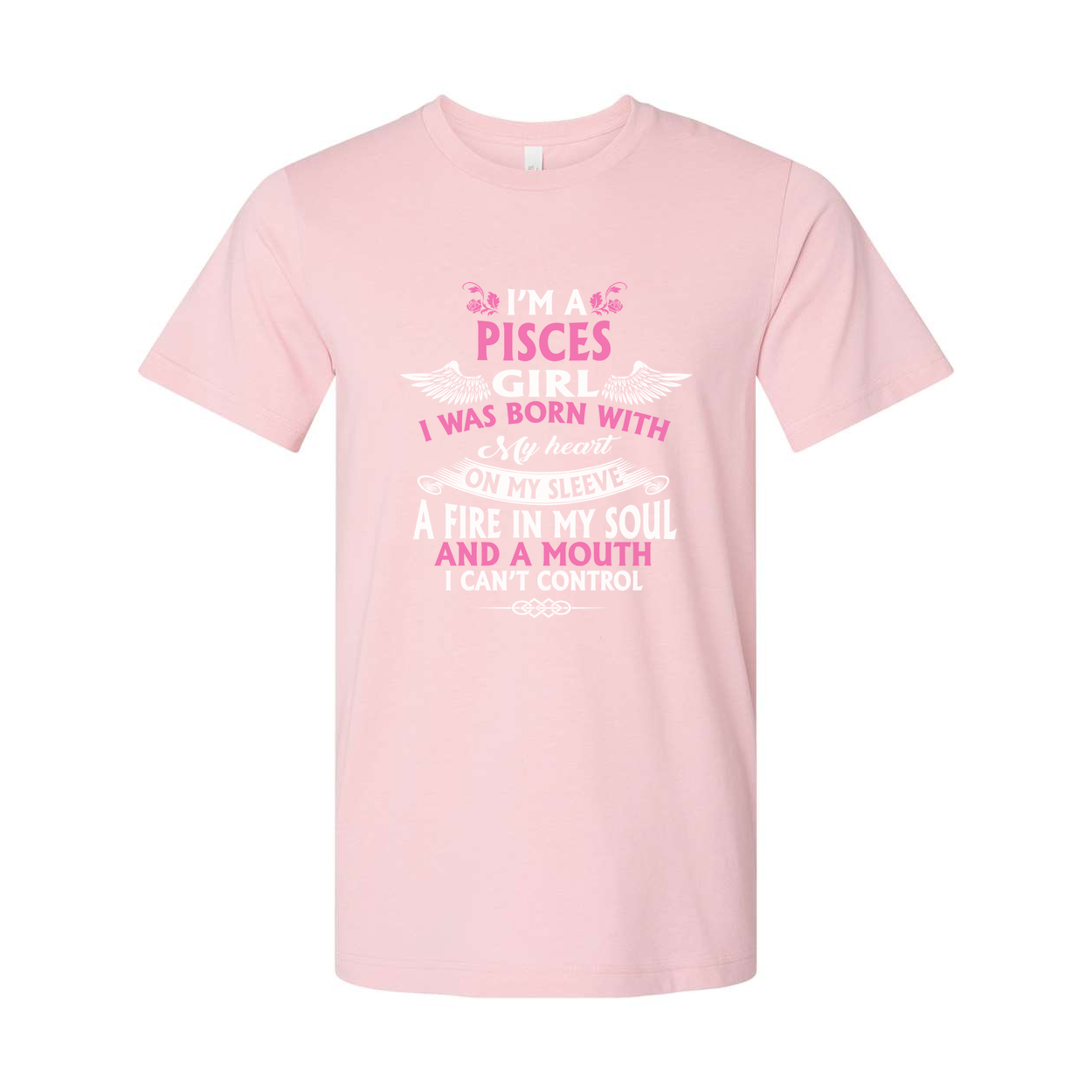 Pisces Zodiac Unisex Graphic T Shirt With Pink Script Wing Accent Design And Casual Fit