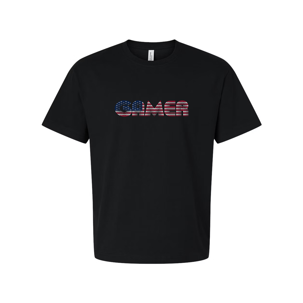 Unisex Gamer T Shirt With Red and Blue Striped Wordmark Logo Across Chest for Casual Wear
