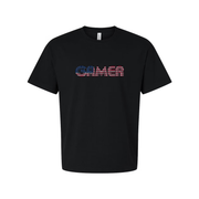 Unisex Gamer T Shirt With Red and Blue Striped Wordmark Logo Across Chest for Casual Wear