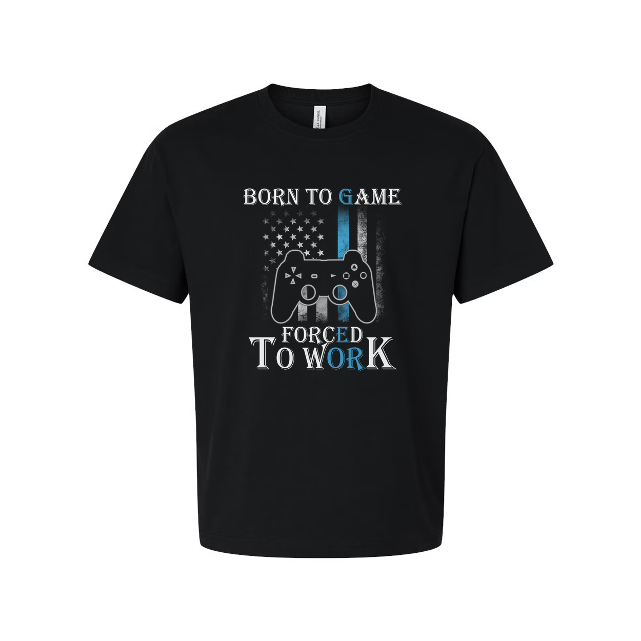 Born To Game Forced To Work Unisex Graphic T Shirt With Controller And American Flag Accent