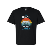 Unisex The Real Man Gamer Graphic T Shirt With Retro Rainbow Sunset And Controller