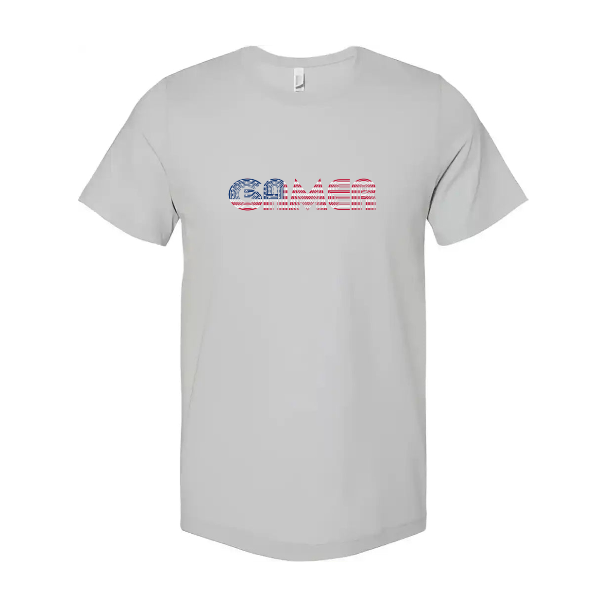 Unisex Gamer T Shirt With Red and Blue Striped Wordmark Logo Across Chest for Casual Wear