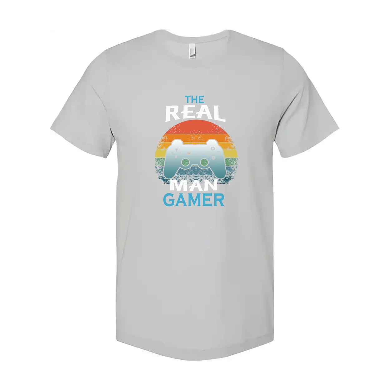 Unisex The Real Man Gamer Graphic T Shirt With Retro Rainbow Sunset And Controller