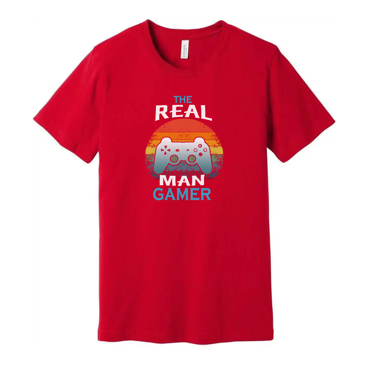 Unisex The Real Man Gamer Graphic T Shirt With Retro Rainbow Sunset And Controller