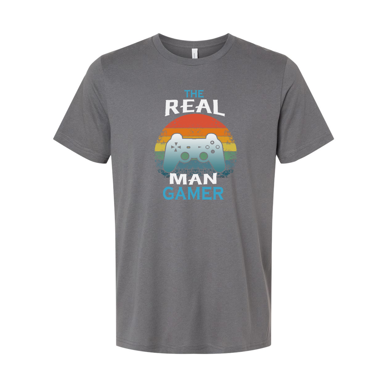 Unisex The Real Man Gamer Graphic T Shirt With Retro Rainbow Sunset And Controller