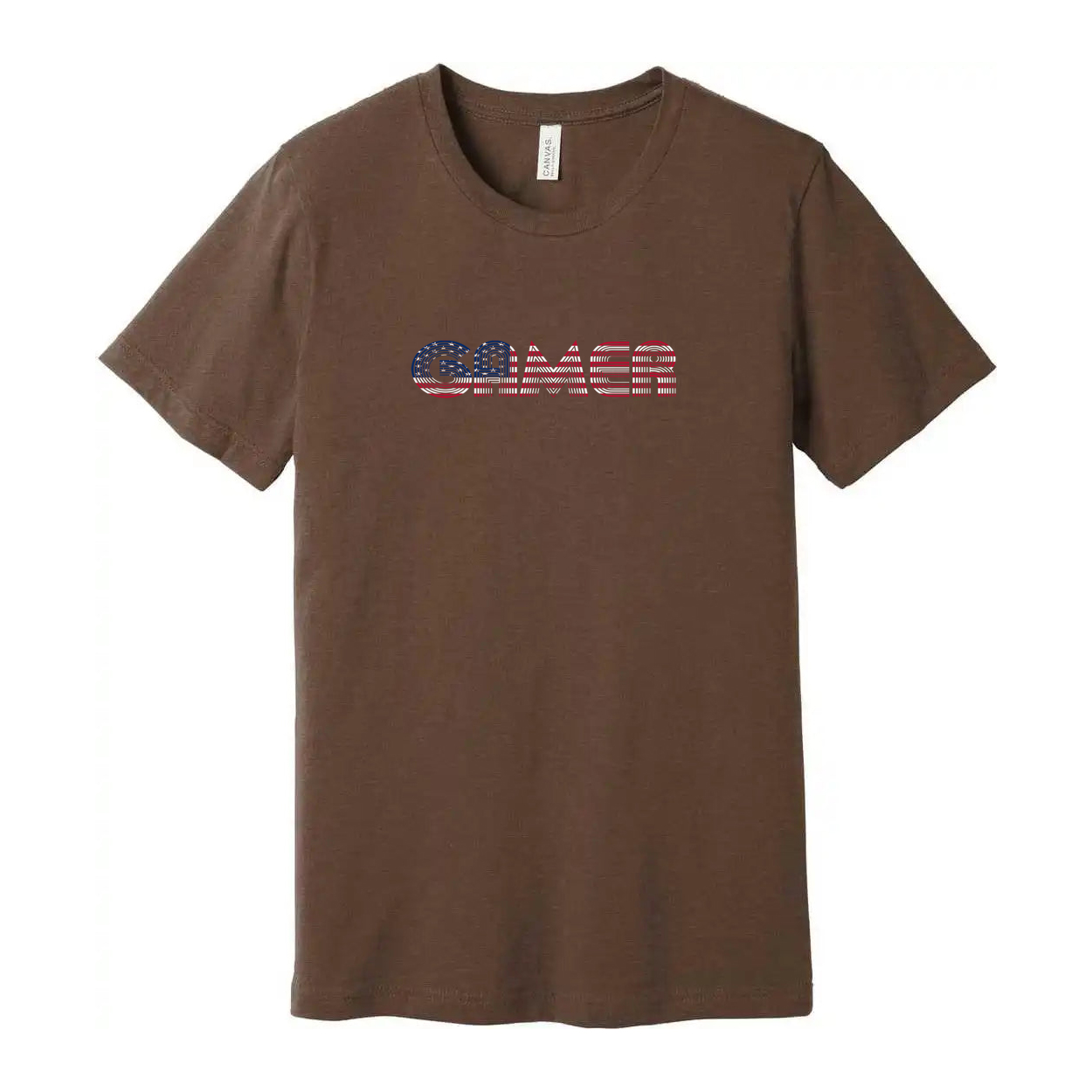 Unisex Gamer T Shirt With Red and Blue Striped Wordmark Logo Across Chest for Casual Wear
