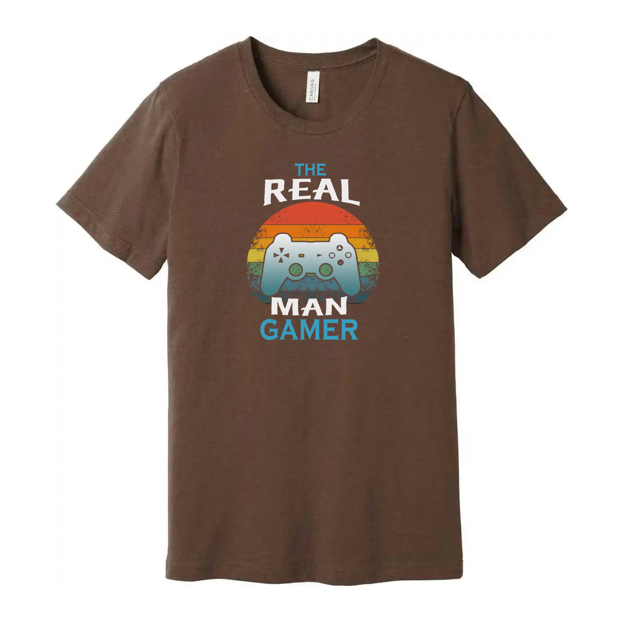Unisex The Real Man Gamer Graphic T Shirt With Retro Rainbow Sunset And Controller