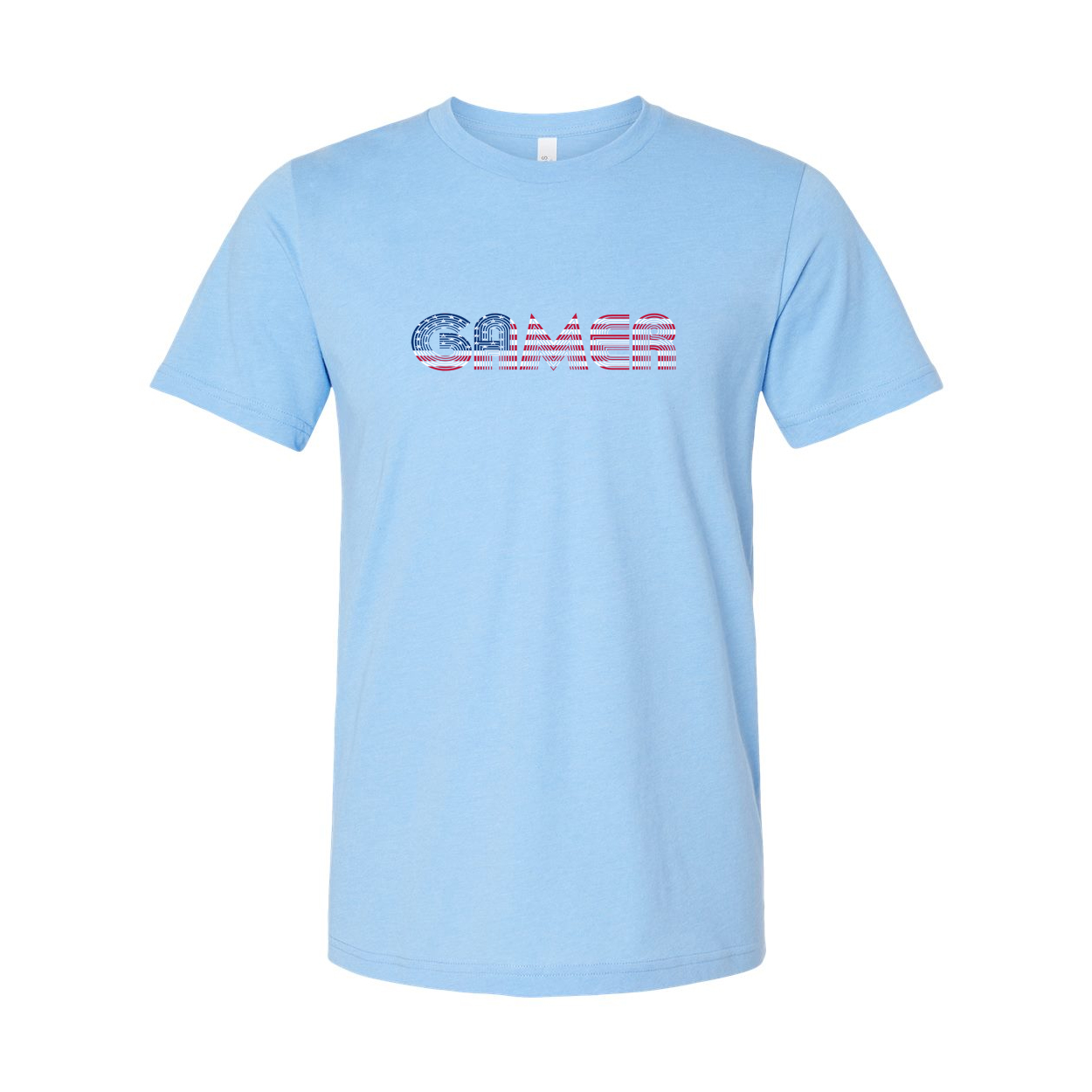 Unisex Gamer T Shirt With Red and Blue Striped Wordmark Logo Across Chest for Casual Wear