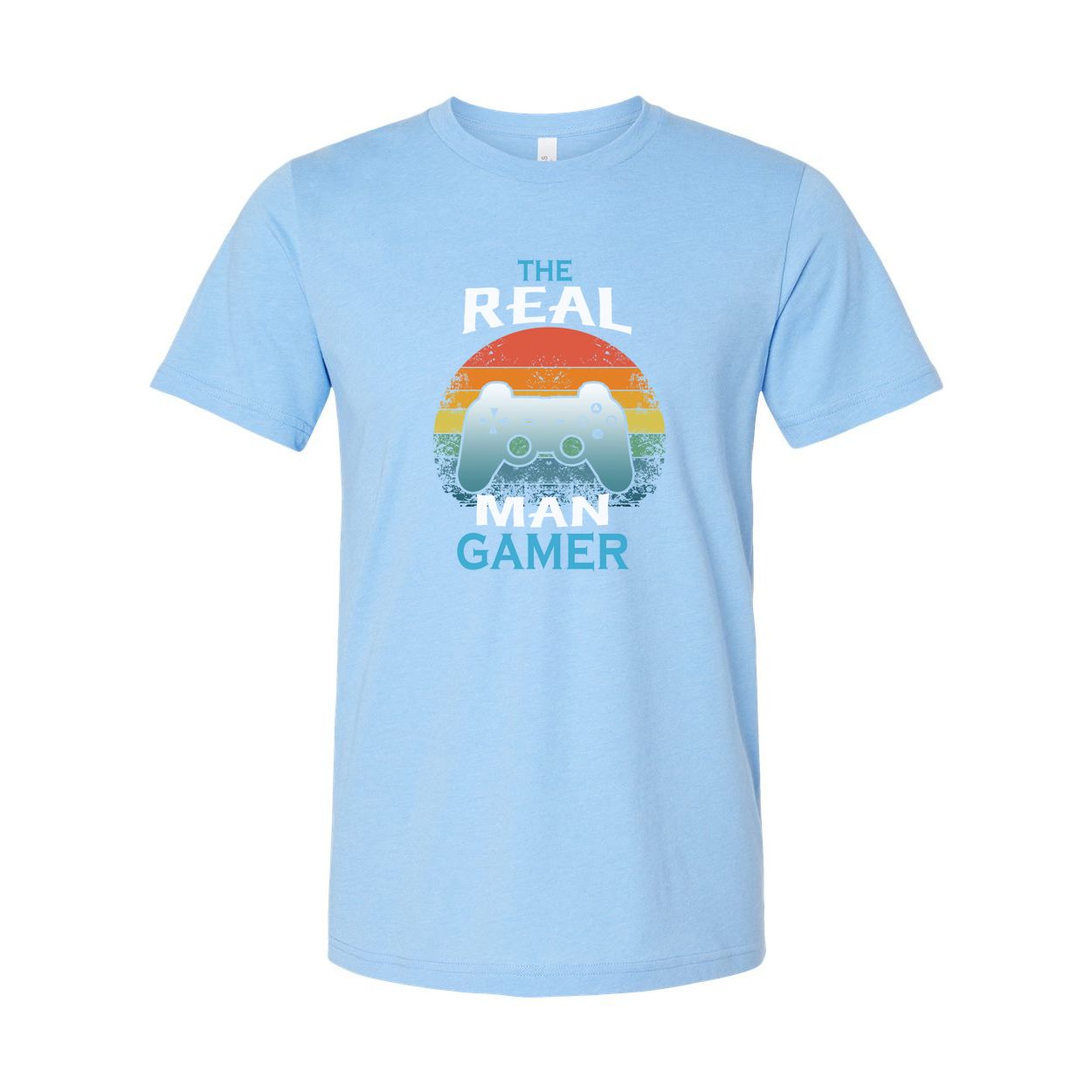 Unisex The Real Man Gamer Graphic T Shirt With Retro Rainbow Sunset And Controller