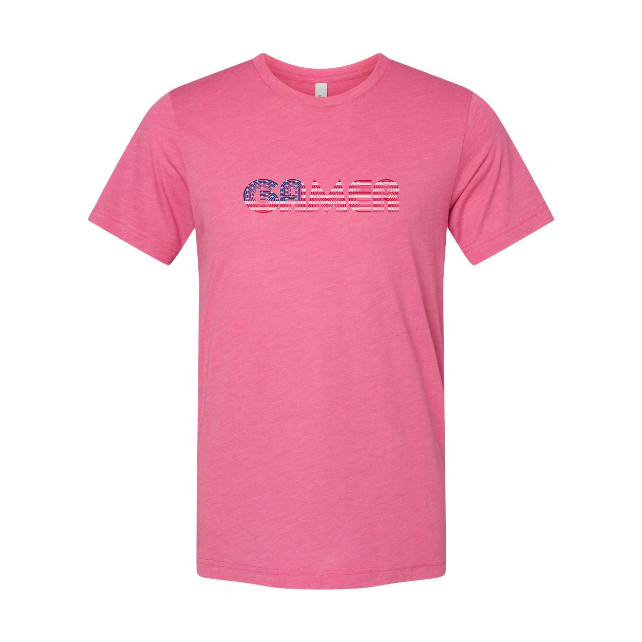 Unisex Gamer T Shirt With Red and Blue Striped Wordmark Logo Across Chest for Casual Wear