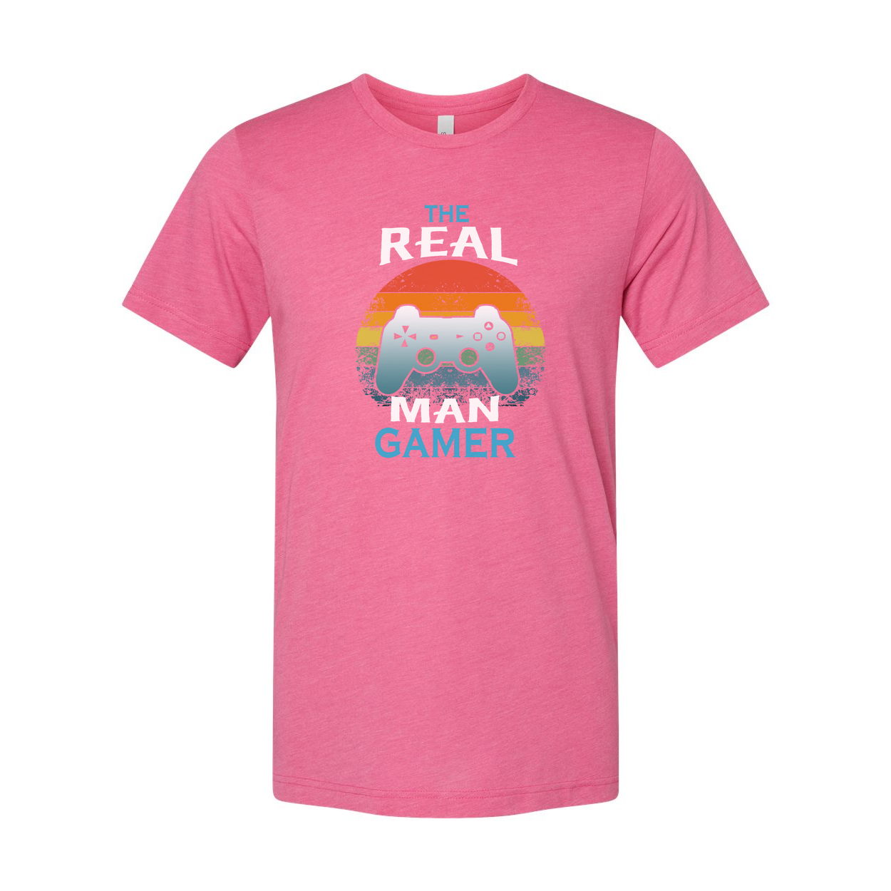 Unisex The Real Man Gamer Graphic T Shirt With Retro Rainbow Sunset And Controller