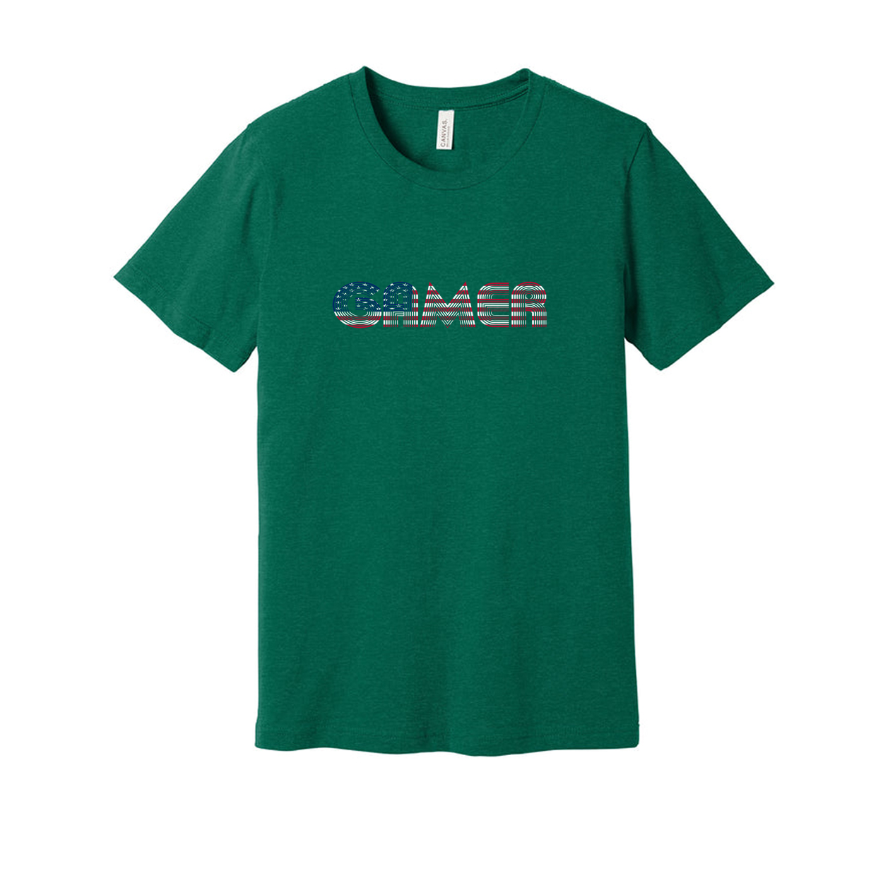 Unisex Gamer T Shirt With Red and Blue Striped Wordmark Logo Across Chest for Casual Wear