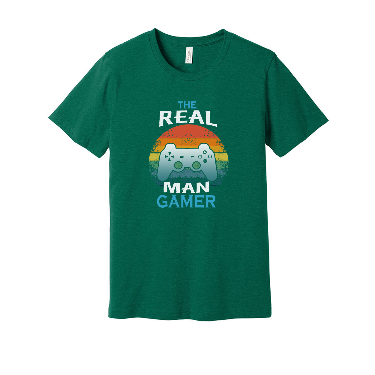 Unisex The Real Man Gamer Graphic T Shirt With Retro Rainbow Sunset And Controller