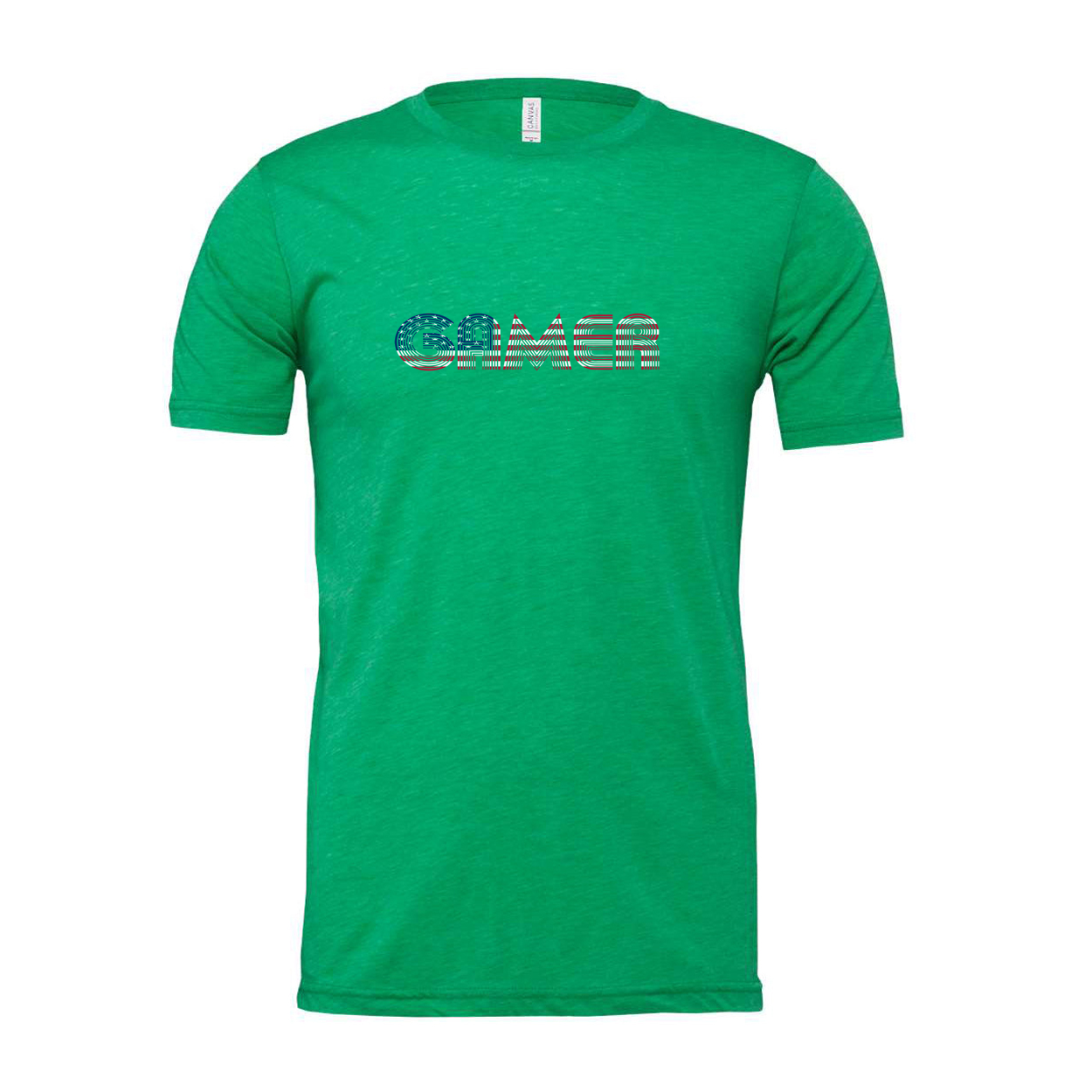 Unisex Gamer T Shirt With Red and Blue Striped Wordmark Logo Across Chest for Casual Wear