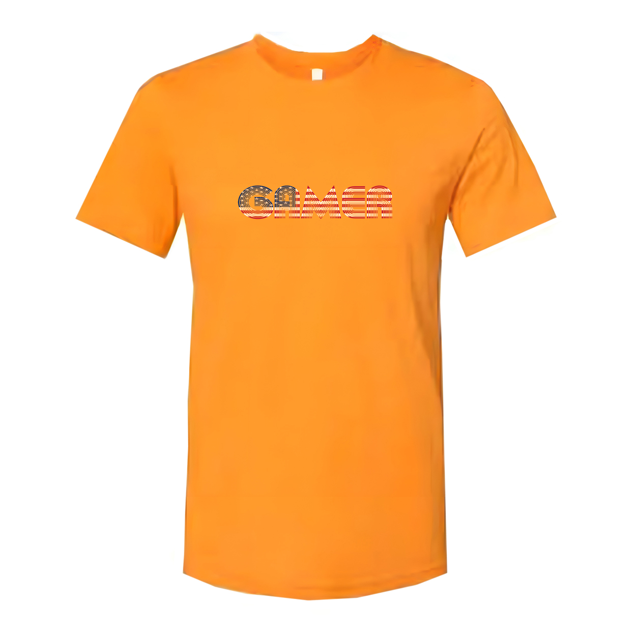 Unisex Gamer T Shirt With Red and Blue Striped Wordmark Logo Across Chest for Casual Wear