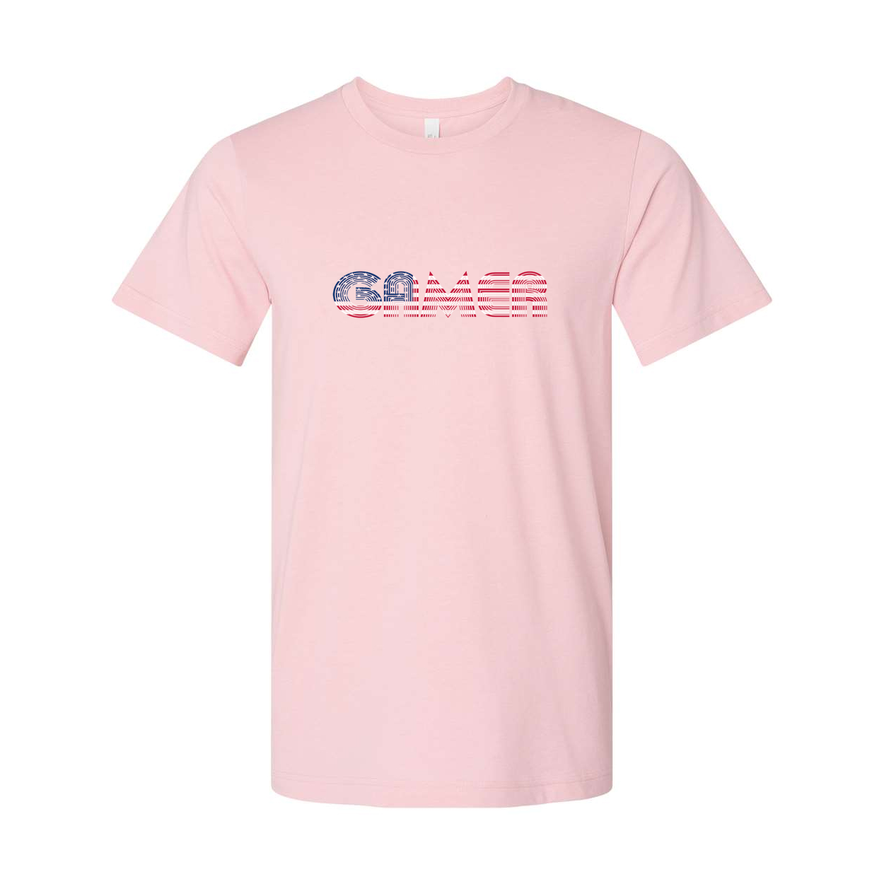 Unisex Gamer T Shirt With Red and Blue Striped Wordmark Logo Across Chest for Casual Wear