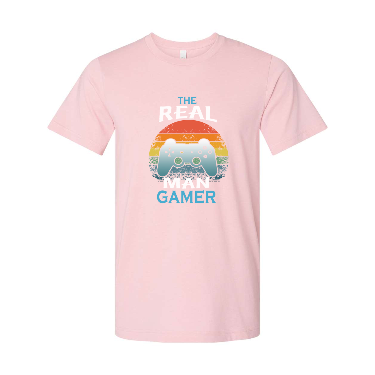 Unisex The Real Man Gamer Graphic T Shirt With Retro Rainbow Sunset And Controller