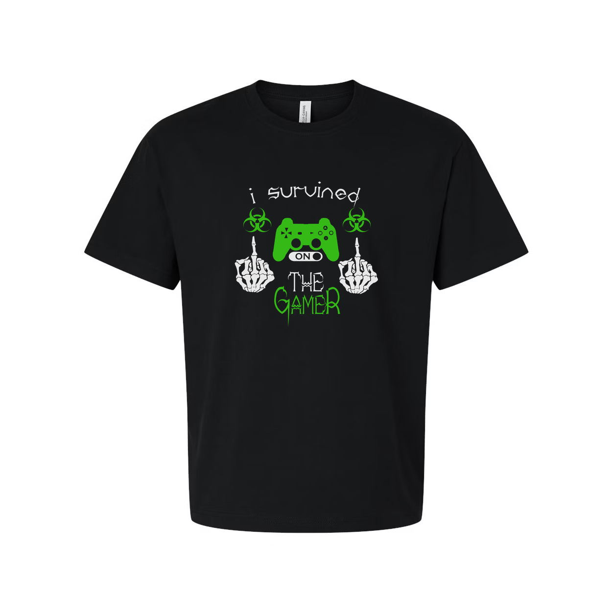 Unisex Gamer Graphic T Shirt With Neon Green Controller And I Survived The Gamer Text