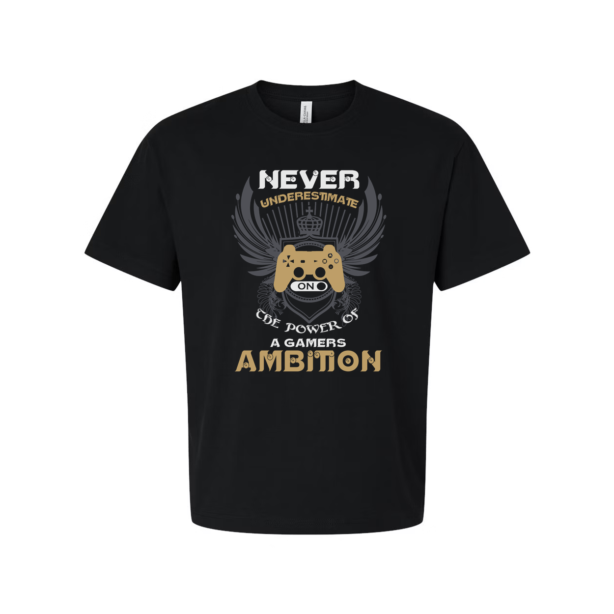 Never Underestimate A Gamers Ambition Graphic Tee With Wings And Controller Emblem
