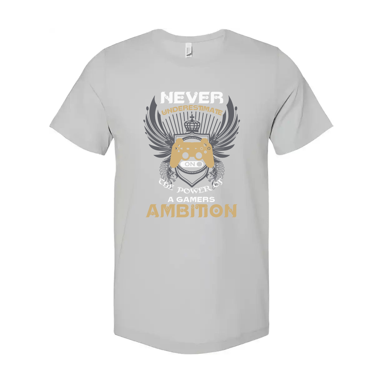 Never Underestimate A Gamers Ambition Graphic Tee With Wings And Controller Emblem