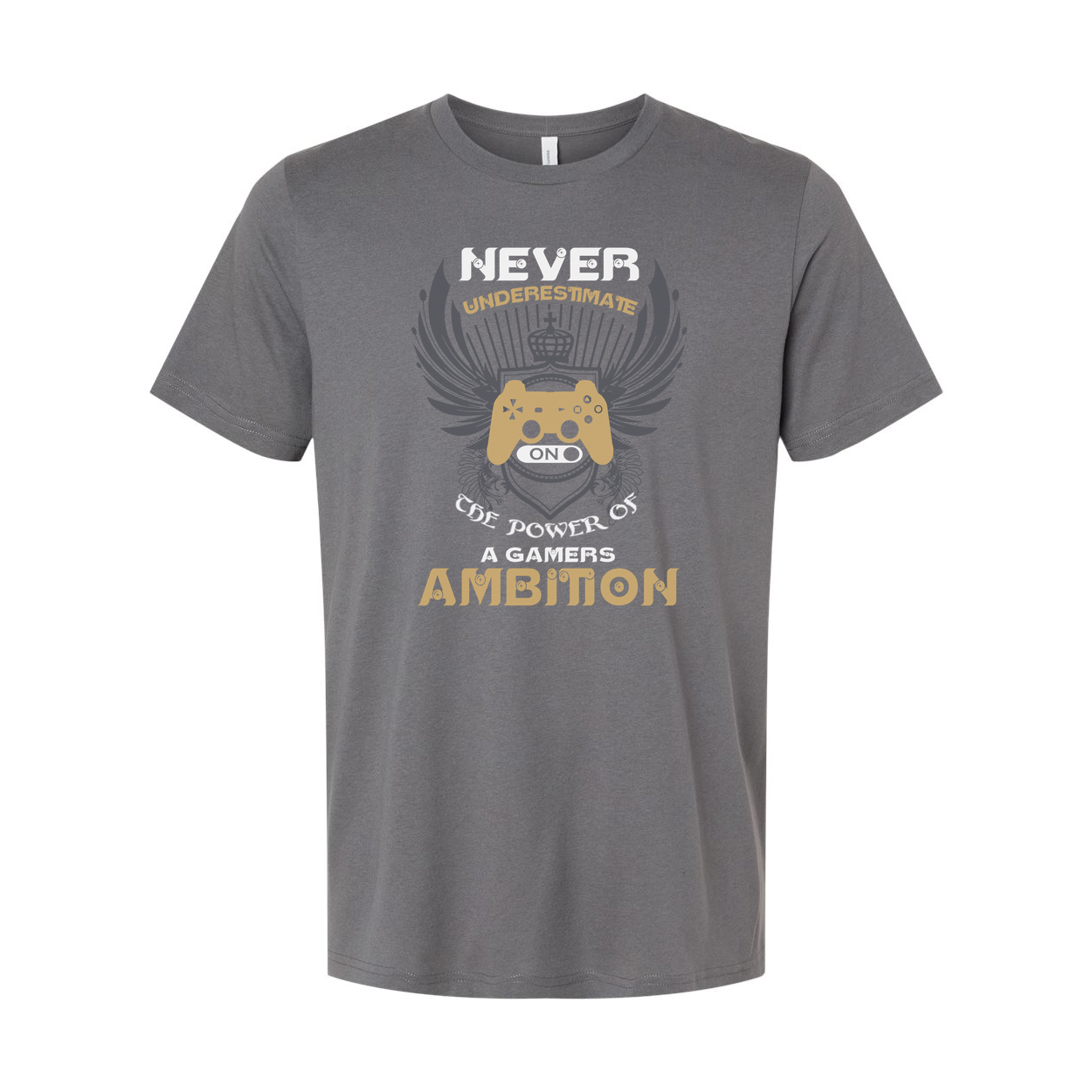 Never Underestimate A Gamers Ambition Graphic Tee With Wings And Controller Emblem