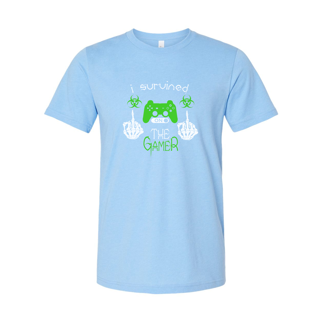 Unisex Gamer Graphic T Shirt With Neon Green Controller And I Survived The Gamer Text