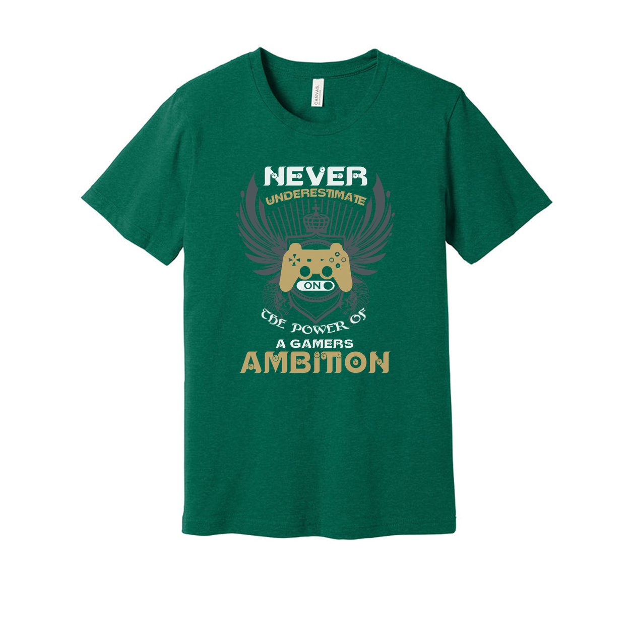 Never Underestimate A Gamers Ambition Graphic Tee With Wings And Controller Emblem