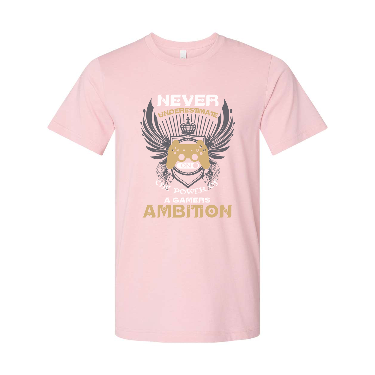 Never Underestimate A Gamers Ambition Graphic Tee With Wings And Controller Emblem