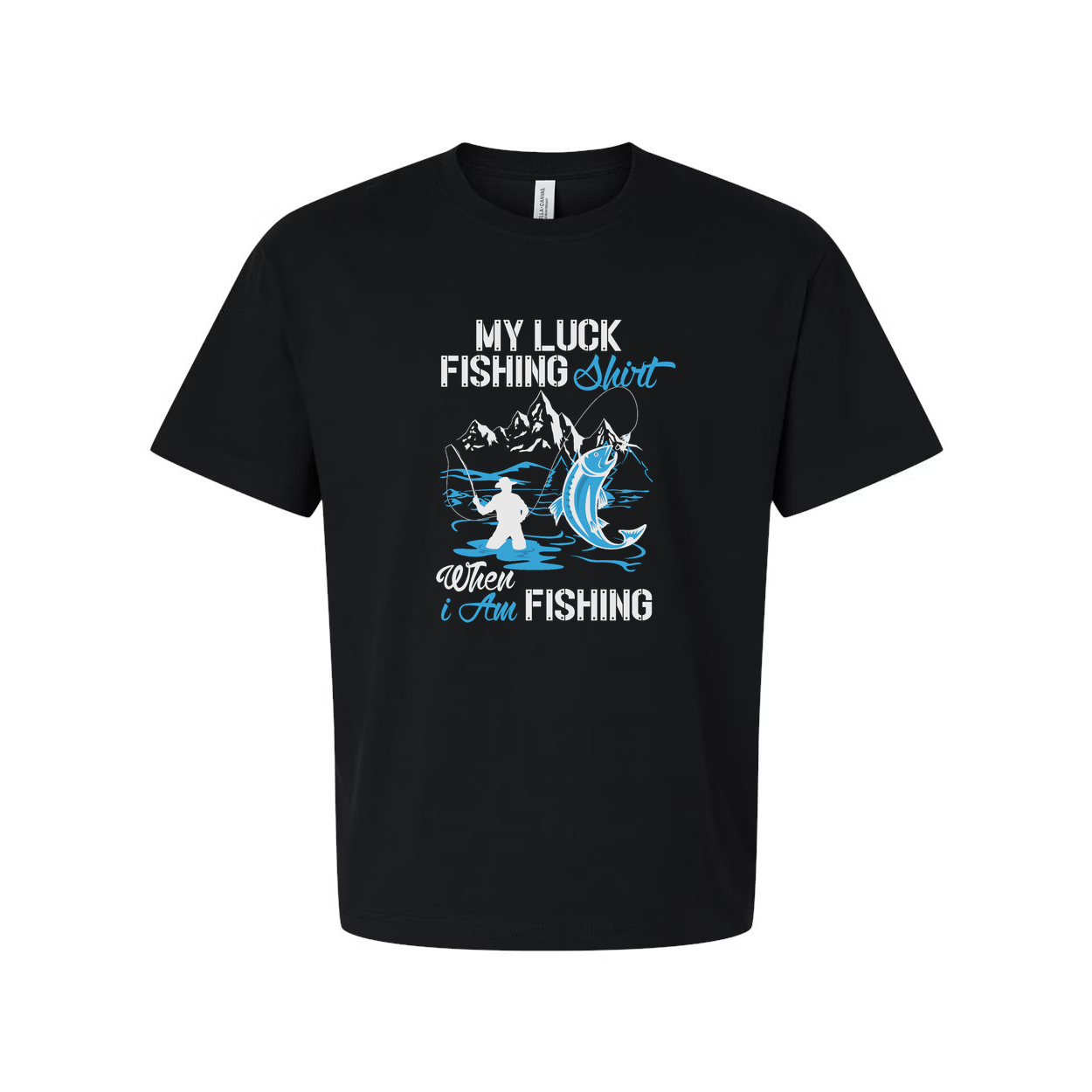 Unisex My Luck Fishing Graphic Tee With Mountain Scene And Angler Silhouette Design