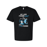 Unisex My Luck Fishing Graphic Tee With Mountain Scene And Angler Silhouette Design