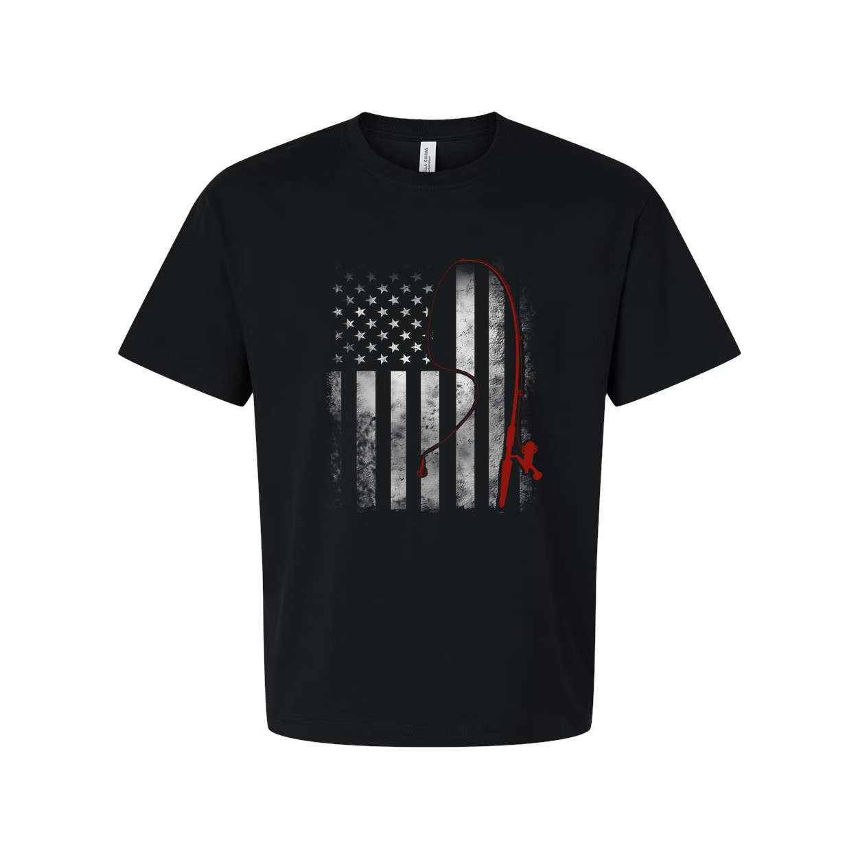 Unisex Fishing T Shirt With Red Fishing Rod Silhouette Over Subtle American Flag Graphic