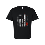 Unisex Fishing T Shirt With Red Fishing Rod Silhouette Over Subtle American Flag Graphic