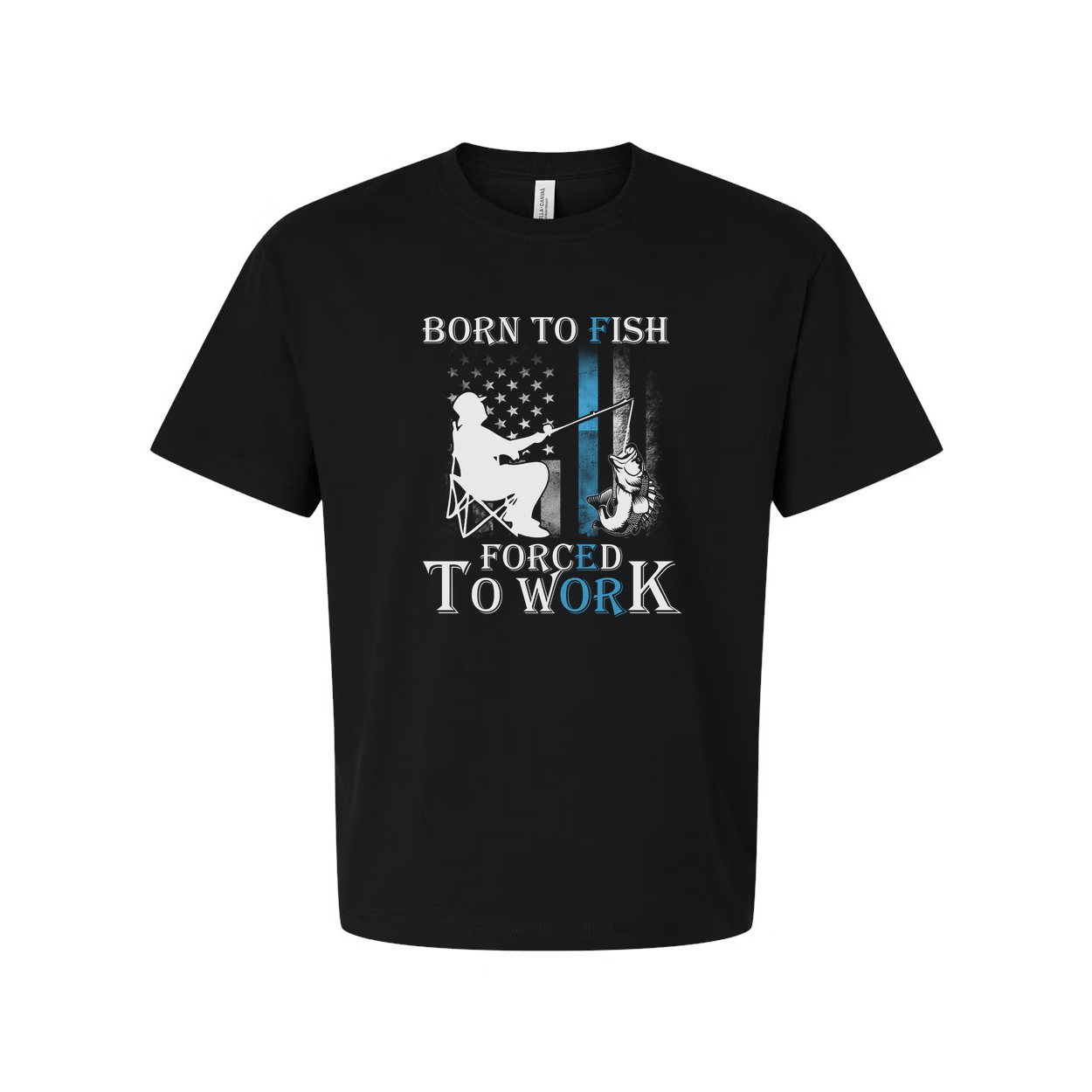 Born To Fish Forced To Work Unisex Short Sleeve Graphic Tee With Angler Silhouette And Flag Accent