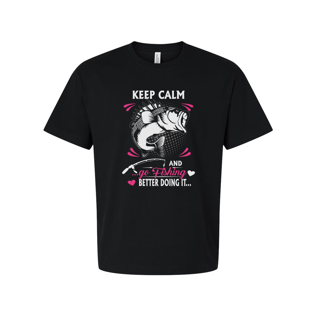 Keep Calm And Go Fishing Graphic T Shirt Unisex Short Sleeve With Pink Accent Design