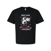 Keep Calm And Go Fishing Graphic T Shirt Unisex Short Sleeve With Pink Accent Design