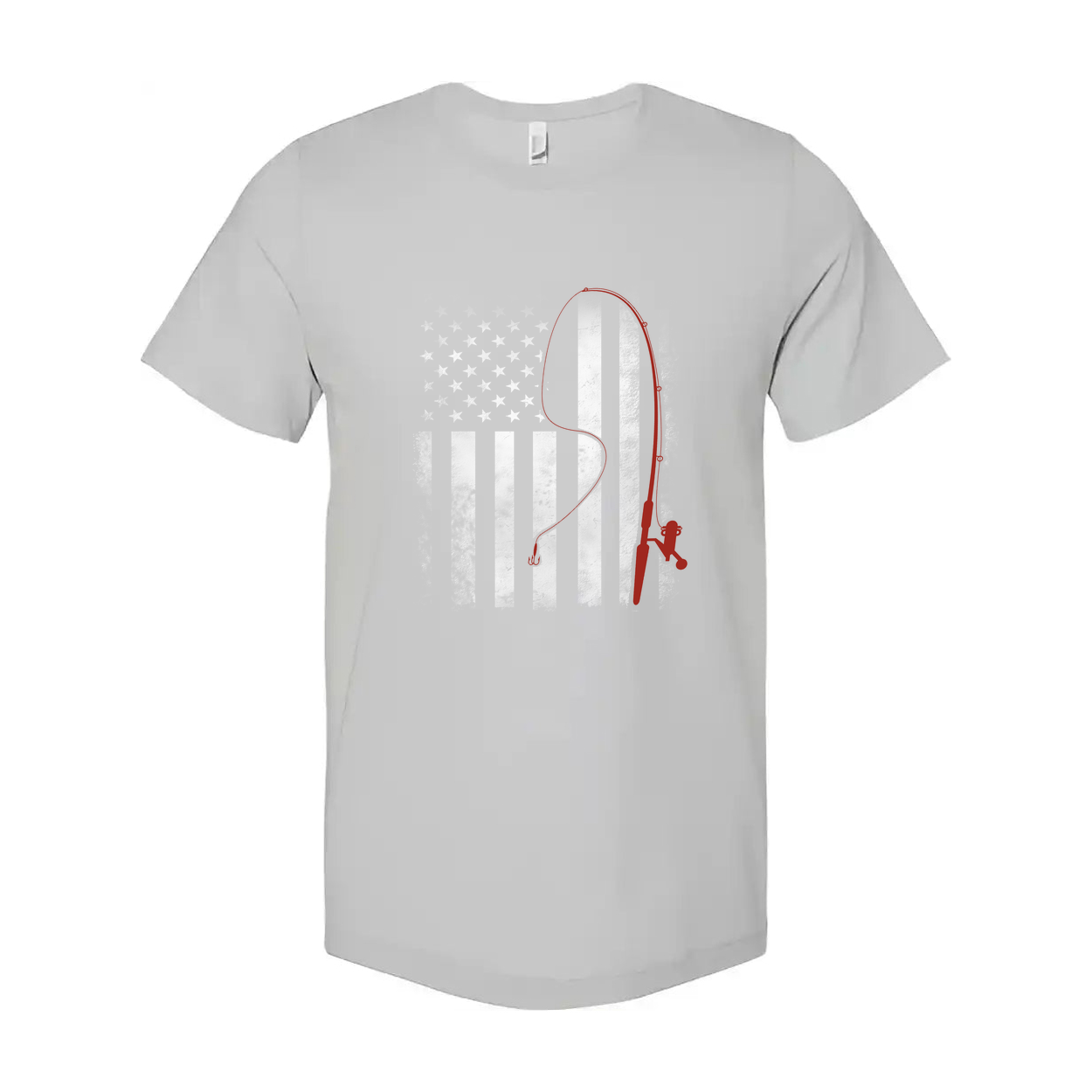 Unisex Fishing T Shirt With Red Fishing Rod Silhouette Over Subtle American Flag Graphic