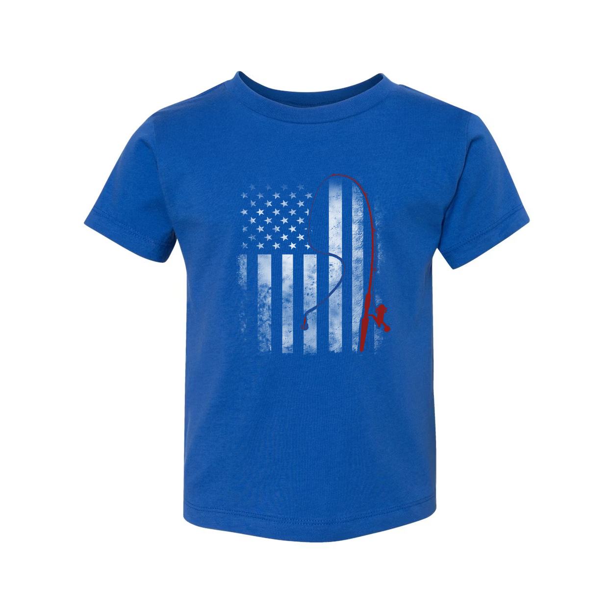 Unisex Fishing T Shirt With Red Fishing Rod Silhouette Over Subtle American Flag Graphic