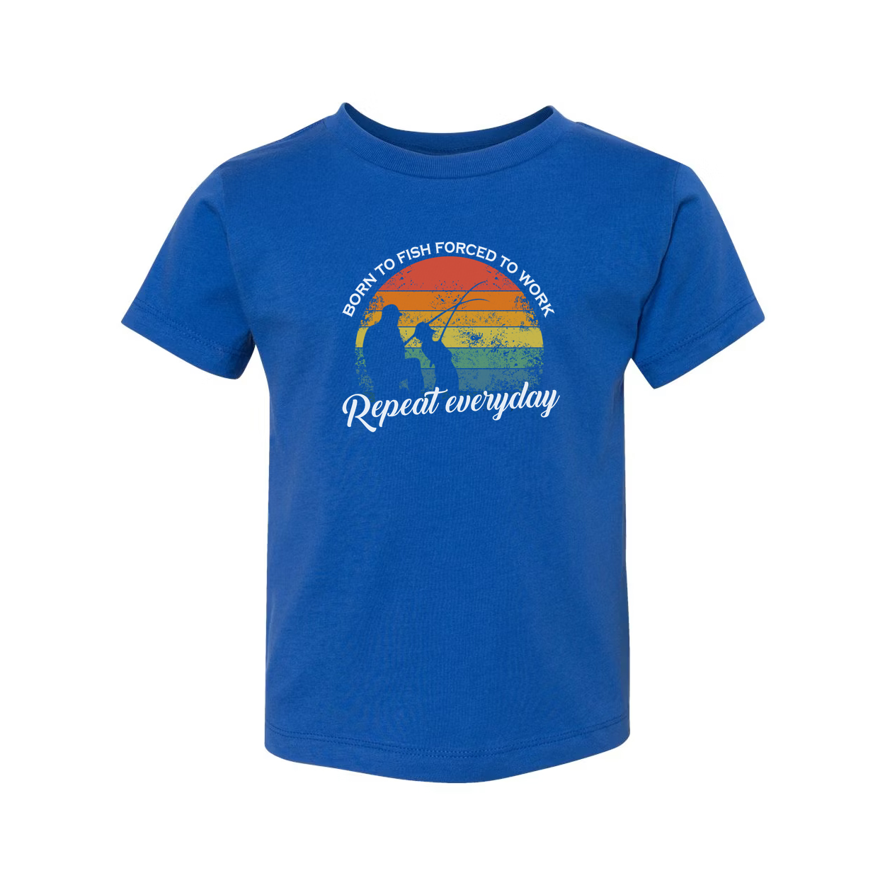 Unisex Fishing Graphic T Shirt With Rainbow Sunset Circle And Born To Fish Forced To Work Repeat Everyday
