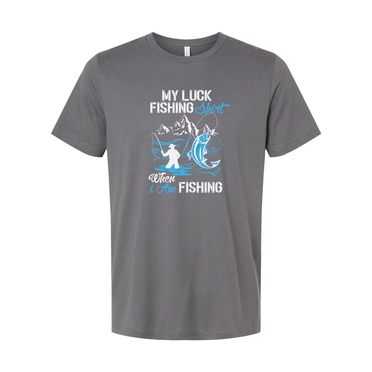 Unisex My Luck Fishing Graphic Tee With Mountain Scene And Angler Silhouette Design