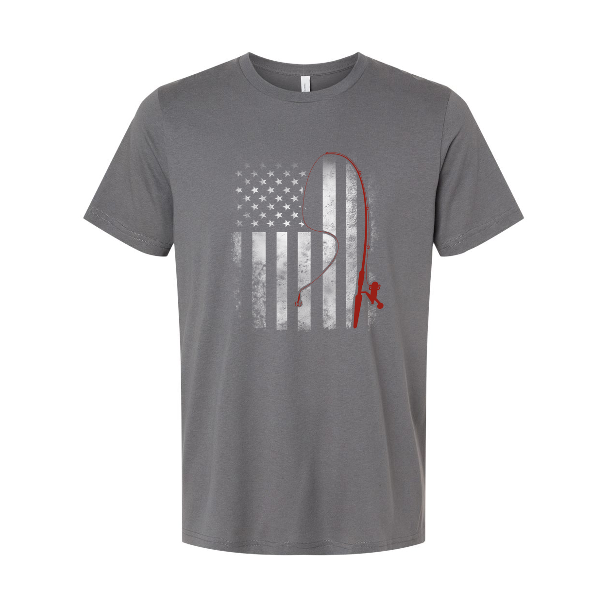 Unisex Fishing T Shirt With Red Fishing Rod Silhouette Over Subtle American Flag Graphic