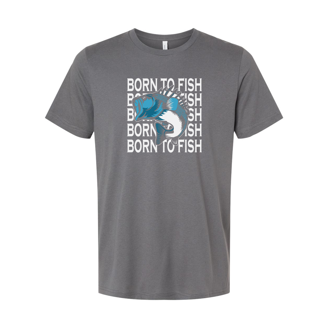 Unisex Fishing Graphic T Shirt With Born To Fish Repeating Text And Blue Angler Fish Illustration
