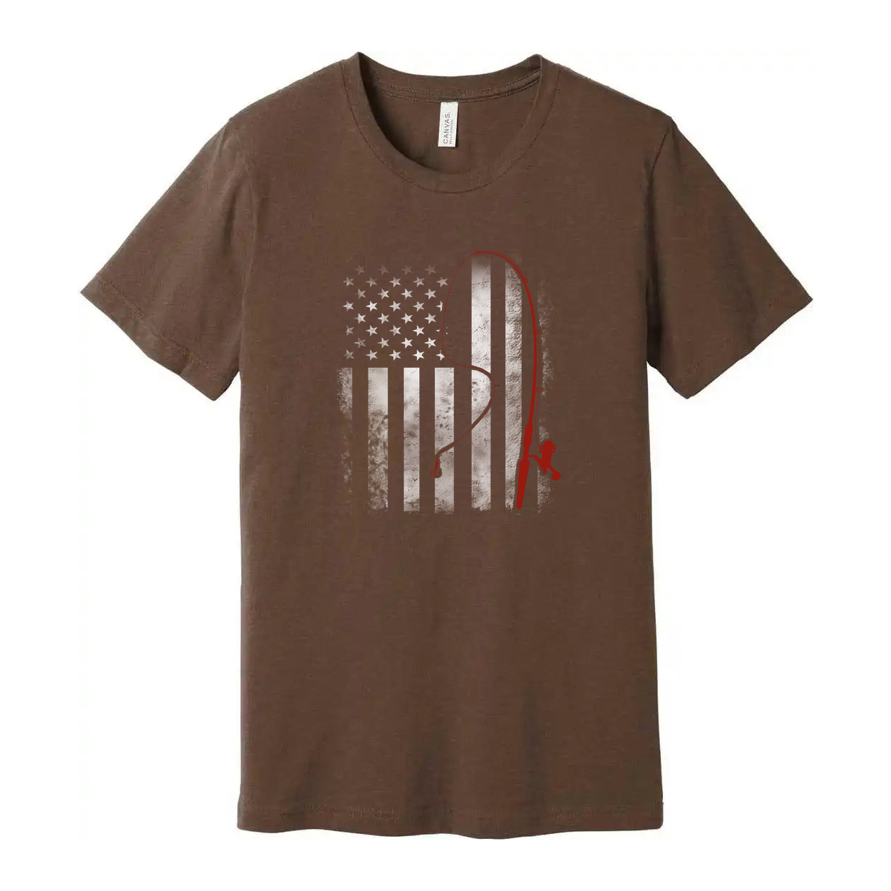 Unisex Fishing T Shirt With Red Fishing Rod Silhouette Over Subtle American Flag Graphic