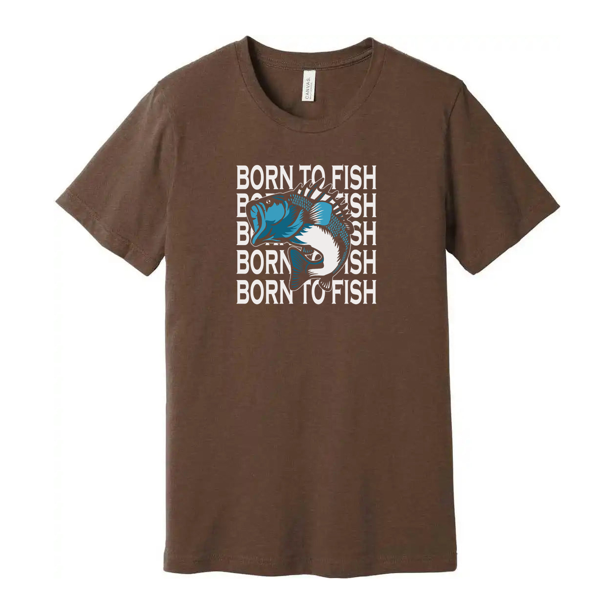 Unisex Fishing Graphic T Shirt With Born To Fish Repeating Text And Blue Angler Fish Illustration