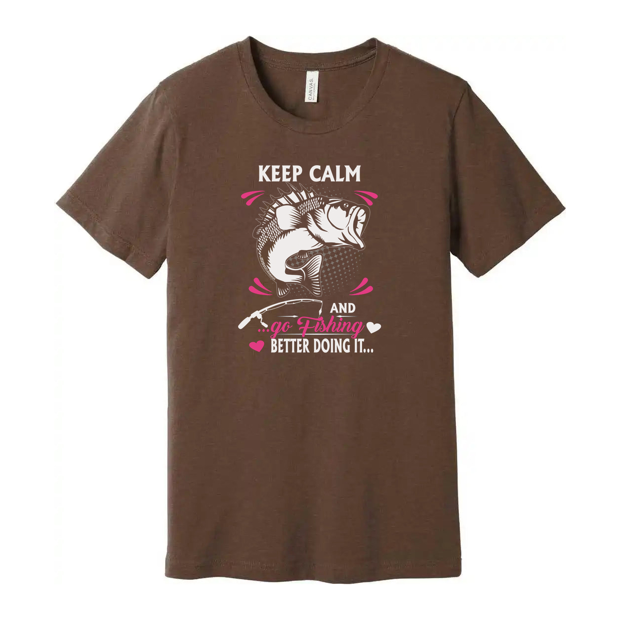 Keep Calm And Go Fishing Graphic T Shirt Unisex Short Sleeve With Pink Accent Design