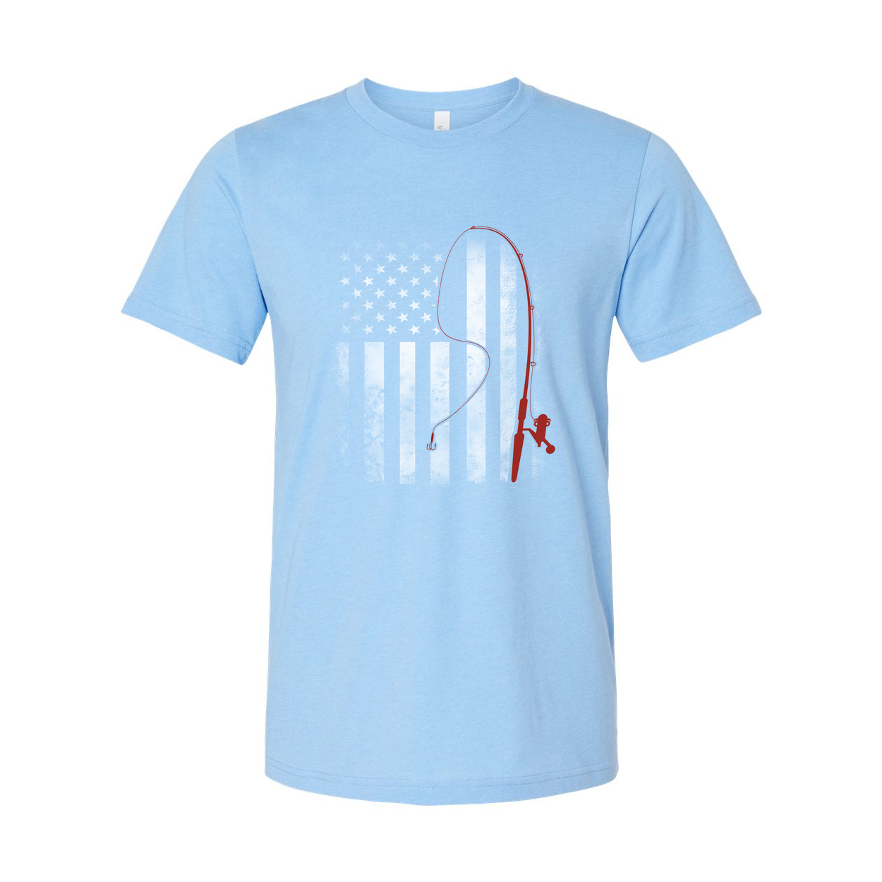 Unisex Fishing T Shirt With Red Fishing Rod Silhouette Over Subtle American Flag Graphic