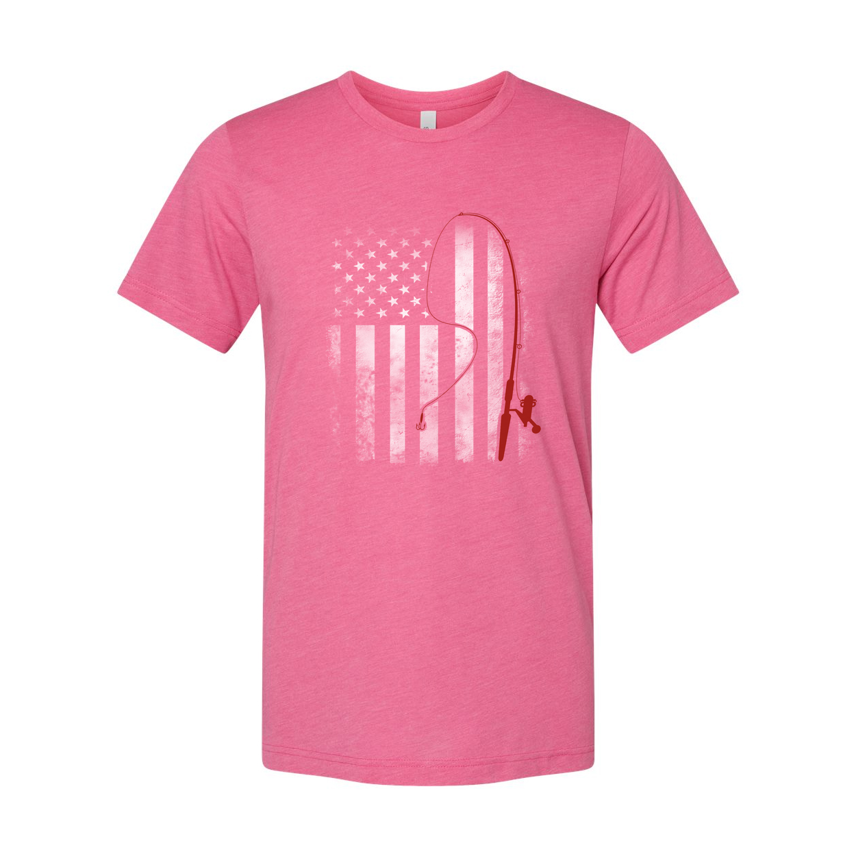Unisex Fishing T Shirt With Red Fishing Rod Silhouette Over Subtle American Flag Graphic